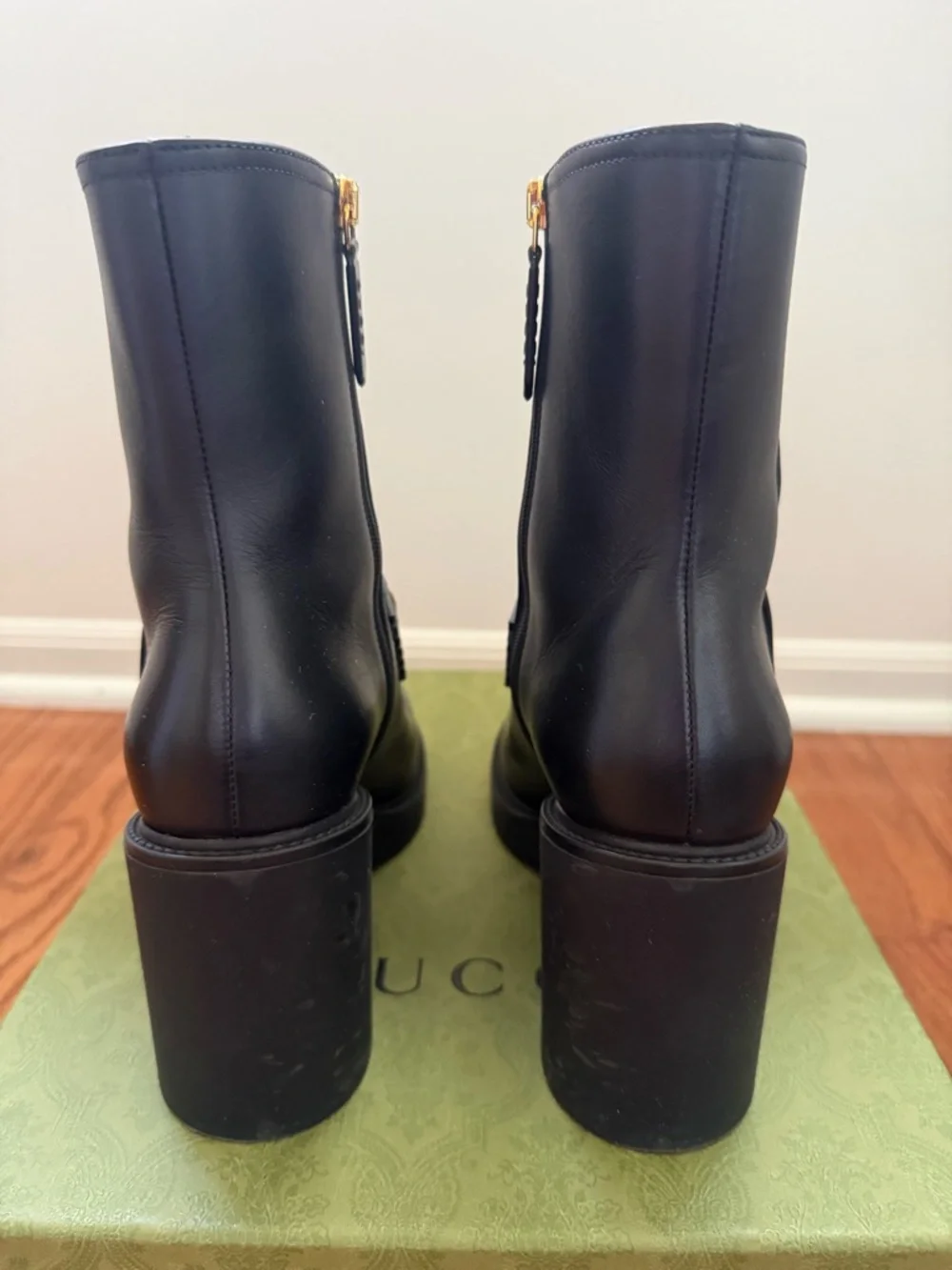 Gucci Black Leather Ankle Boots with Gold Logo Strap - Picture 4 of 9